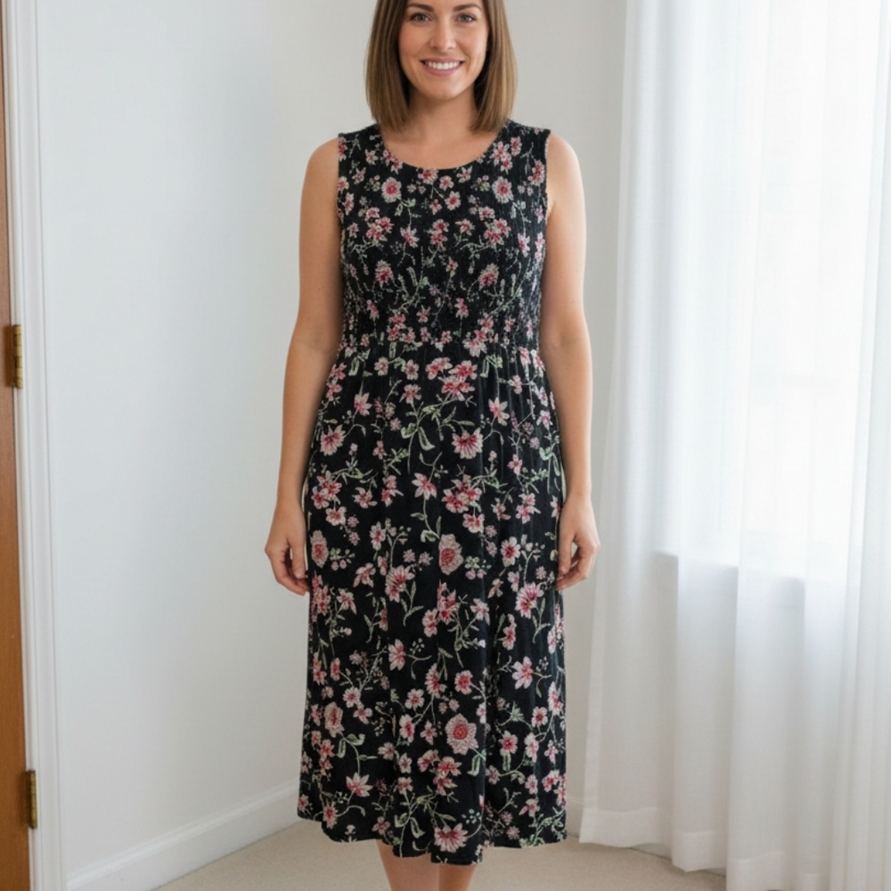 Nautica Black and Pink Floral Midi Dress